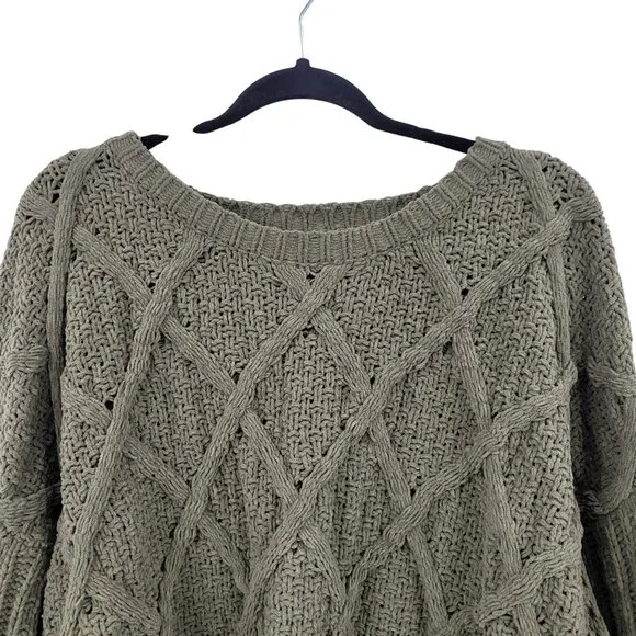 Arizona Jean Chunky Cable Knit Cropped Sweater‎ Sz XXL Olive Green Diamond Boho - Picture 8 of 9
